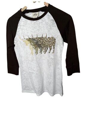 Ariat Womens Small White Brown Raglan Longhorn Western Burnout Graphic T-Shirt